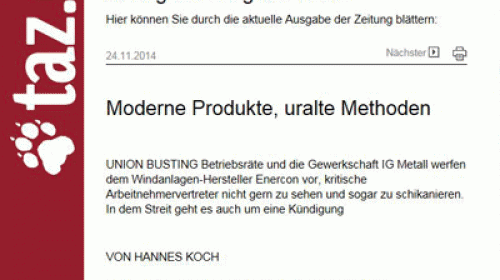 TAZ 24.11. zwei Artikel zum Streit mit Enercon