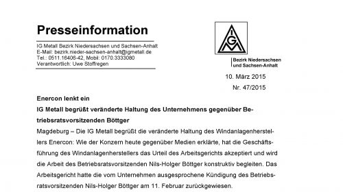 Enercon: akzeptiert Urteil des Arbeitsgerichts MD 2015-03-11