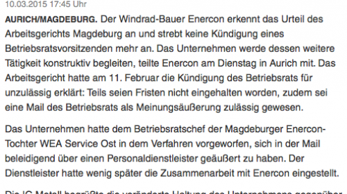 Enercon lenkt im Fall des Betriebsrats ein - Pressestimmen